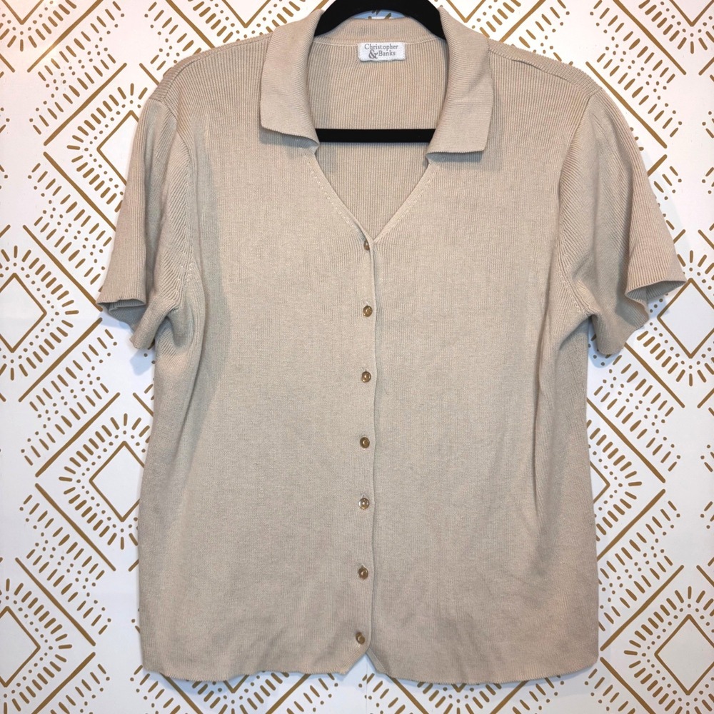 Vintage Knit Button Up Polo Top Women Large Tan Ribbed Knit Short Sleeve Neutral